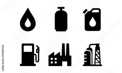 Energy industry icons set featuring oil, gas, and industrial elements for design applications