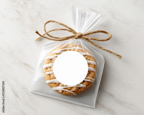 Crumble cookie with white icing  packed in a transparent plastic bag  with blank mockup label tied with rustic twine