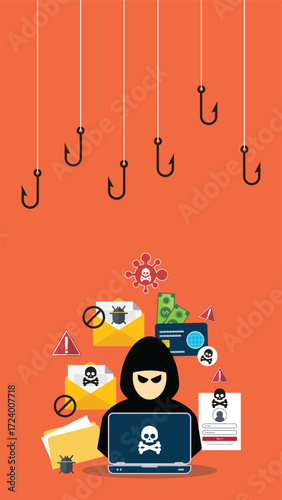 Hacker with laptop computer stealing confidential data, personal information and credit card detail. Hacking concept.