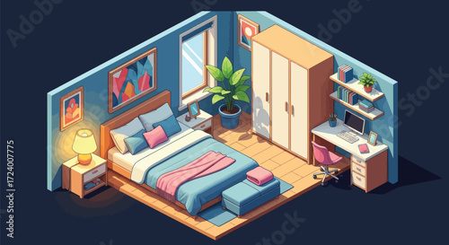 Cozy isometric bedroom scene with workspace conveys modern comfort and peaceful relaxation at home