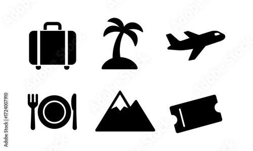 Travel icon set featuring luggage, plane, palm, mountain, ticket, and dining symbols for vacation planning
