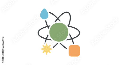 Stylized Atom with Water Drop, Sun, and Square Elements.