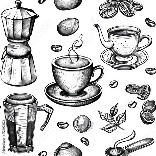 Seamless Coffee Pattern. Modern Coffee Beans and Cup Seamless Design. Minimalist Coffee Pattern for Packaging and Branding
