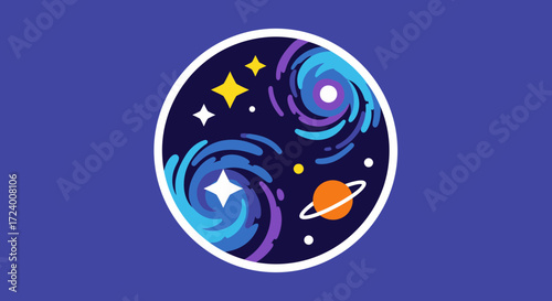 Stylized circular emblem of swirling galaxies stars and planets.
