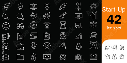 Icon set for start-up | Thin line editable icon set for web, development, presentation | 42 white stroke icons on black background