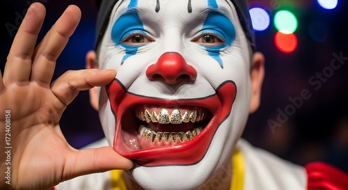 Close-up shot of a clown with painted face and gold teeth at the party