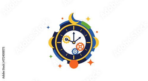 Stylized Clock with Gears and Stars.