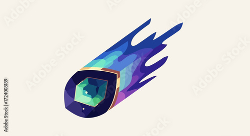 Stylized Colorful Comet or Meteoroid with Fiery Trail.