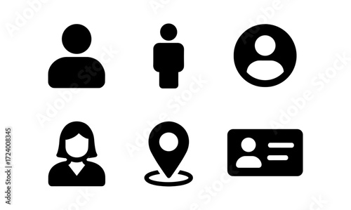 Simple icons collection featuring user, location, and identification symbols for digital design projects