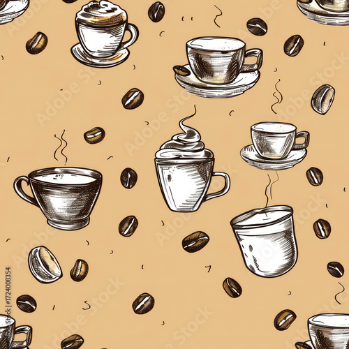 Seamless Coffee Pattern. Modern Coffee Beans and Cup Seamless Design. Minimalist Coffee Pattern for Packaging and Branding
