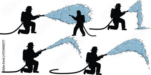 Silhouette firefighters spraying water with hoses in action, emergency rescue teamwork, fire safety illustration, vector concept of firefighting operations