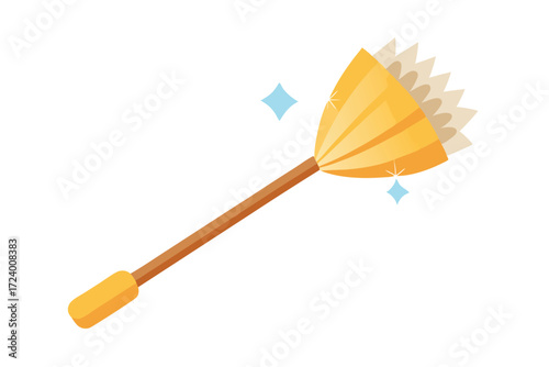 Yellow duster with brown handle radiates cleanliness with sparkling effects against a white background