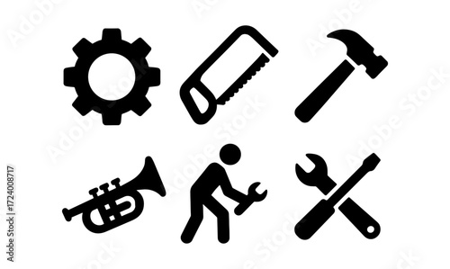 Simple tool vector set featuring gear, saw, hammer, trumpet, and worker with wrench for design projects