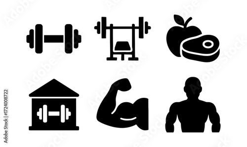 Comprehensive fitness icon set featuring weights, gym equipment, nutrition, and strength for design use