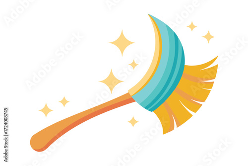 Stylish orange handled duster displays turquoise accents amidst small star shapes on the white space