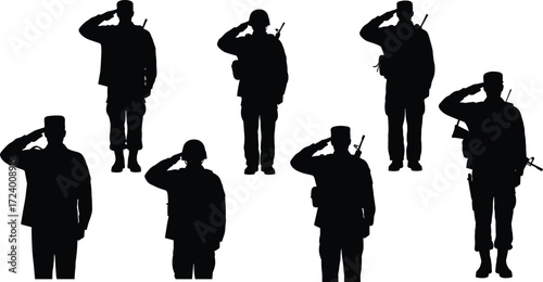 Silhouette soldiers saluting in military uniform with rifles, army respect, discipline, honor, patriotism, ceremony, defense, armed forces vector illustration