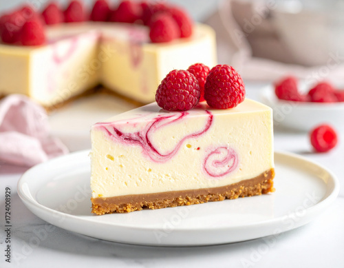 White chocolate raspberry cheesecake swirl, macro detail, marble plate