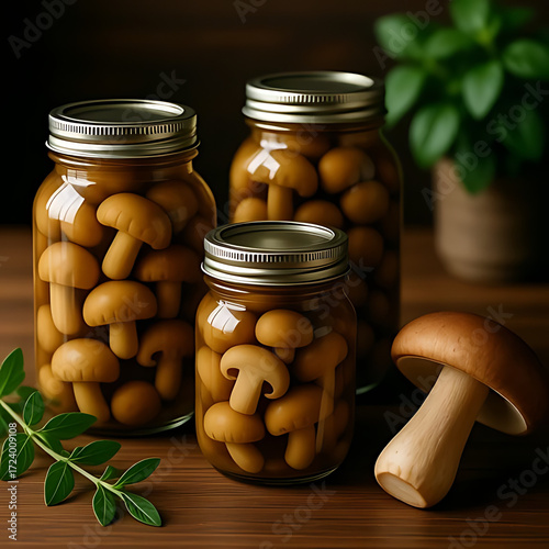 Fresh Shiitake Mushrooms in Glass Jars with Herbs on Rustic Wooden Table, Dark Moody Food Photography