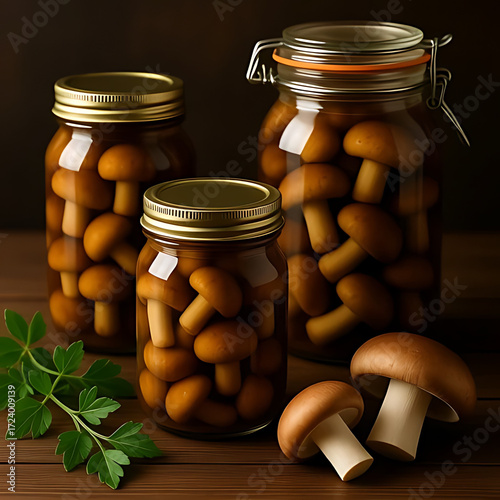 Fresh Shiitake Mushrooms in Glass Jars with Herbs on Rustic Wooden Table, Dark Moody Food Photography