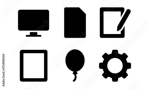 Essential icon set featuring monitor, document, pencil, tablet, balloon, and gear for versatile design applications