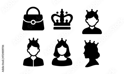 Royal icon set featuring crowns and silhouettes for elegant graphic design