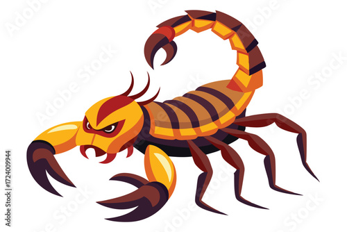 Fierce yellow and brown scorpion stands ready to strike its prey aggressively in defense