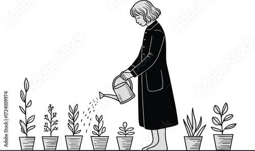 person watering eight potted plants with varied foliage, symbolizing growth, care, gardening, responsibility, and environmental nurturing in vector