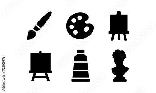 Art supplies set with palette, easel, brush, and sculpture bust for creative design projects
