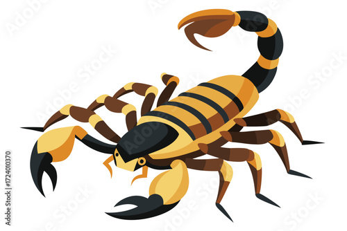 Detailed scorpion displays segmented body, sharp pincers, and segmented tail on white