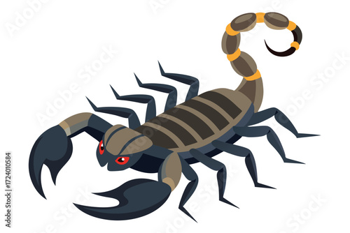 Illustrated scorpion with striking red eyes and formidable claws poses menacingly on a white surface