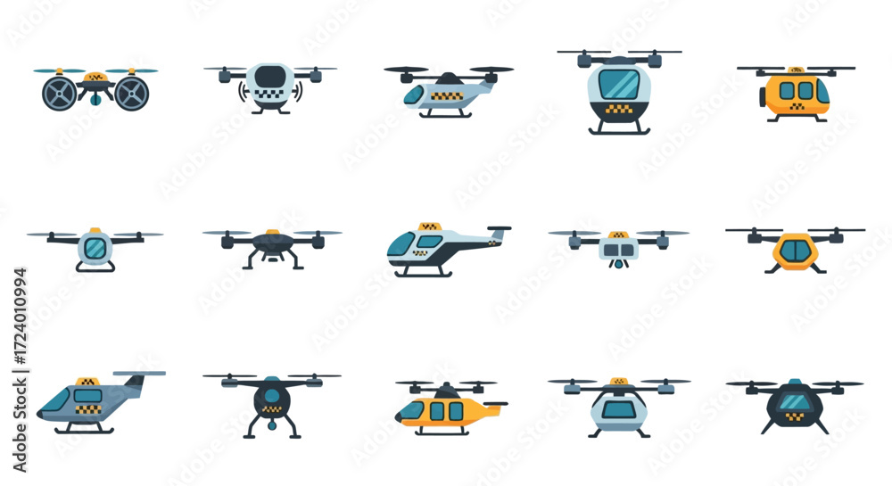 Naklejka premium Various drone designs and models for aerial photography and transport.