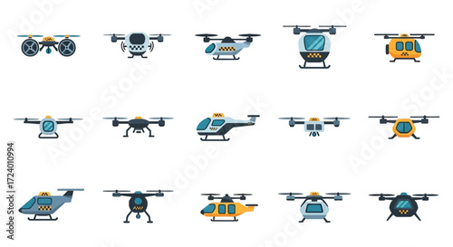 Various drone designs and models for aerial photography and transport.