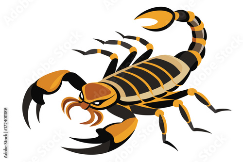Animated black and gold scorpion displays its threatening claws against a stark white background