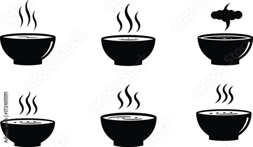Steaming hot soup bowl silhouettes set, food vector icons showing steam curls, warm meal symbols, cooking illustration design for restaurant menus