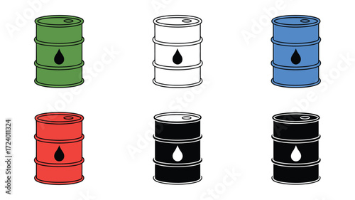 Vector art of set of colorful oil barrel icons collection of vector illustrations of metal containers with fuel drop