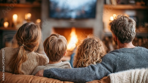Family watching TV together in front of a cozy fireplace at home.