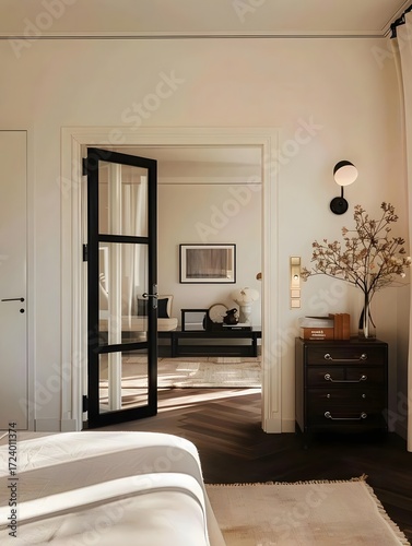 Elegant Bedroom Interior with Glass Door and Cozy Seating Area