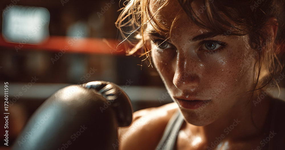 Fototapeta premium Female boxer training inside a boxing ring