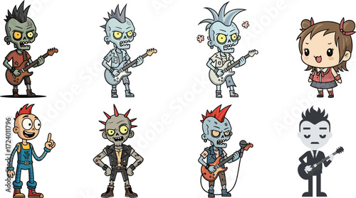 Cartoon punk zombies and cute kids character set with guitars, mohawks, expressions, music theme, vector illustration for stock content