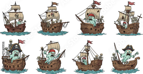 Cartoon undead pirate ships sailing haunted seas with skeleton crews, ghostly captains, tattered sails, spooky flags, horror nautical vector illustration set