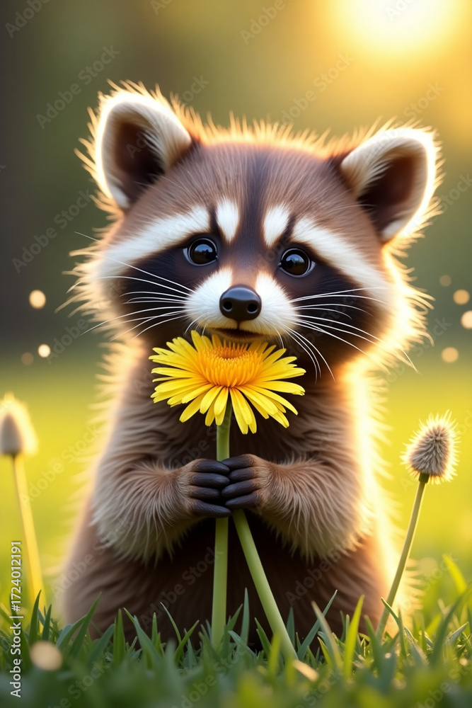 Obraz premium cute raccoon with a playful expression and soft brown fur, holding a handful of delicate yellow dandelion flowers with white fluffy seeds 