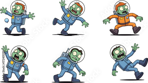 Cartoon zombie astronauts in colorful space suits with helmets — spooky sci-fi vector characters for Halloween, fantasy, and space-themed design