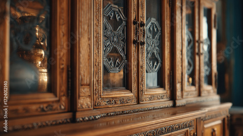 Elegant wooden cabinet with intricate carvings and glass doors displaying decorative items in a softly lit room highlighting craftsmanship and vintage design.