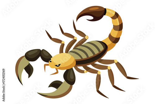 Cartoon scorpion displays its brown and beige exoskeleton with large pincers on a white backdrop