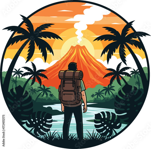 Traveler in Tropical Jungle with Volcano at Sunset