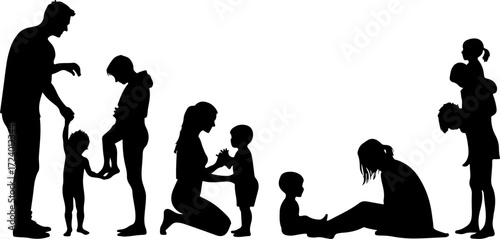 Family with Children Silhouette Collection Vector Bundle
