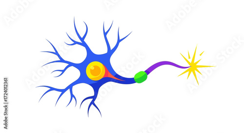 Vibrant illustration of a single neuron transmitting a signal.
