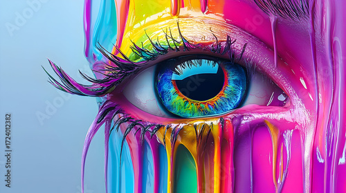 Hyper saturated dripping eye artwork with vivid colors