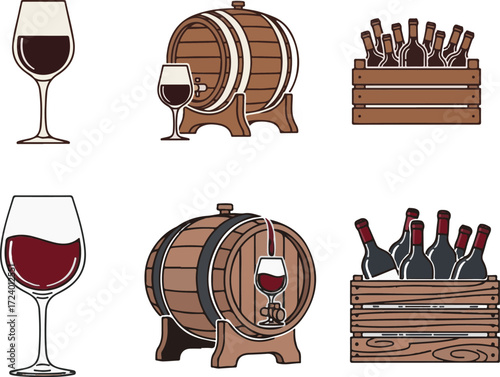 Wine Themed Illustrations Featuring Glasses, Barrels, and Bottle Crates