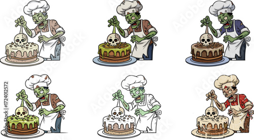 Cartoon zombie chefs decorating spooky cakes with skulls, Halloween horror baking concept in funny undead kitchen character vector illustration set